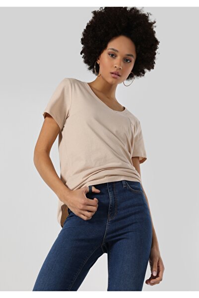 Colin's Tricou cu mânecă scurtă bej pentru femei, cu decolteu în V, cu croial...