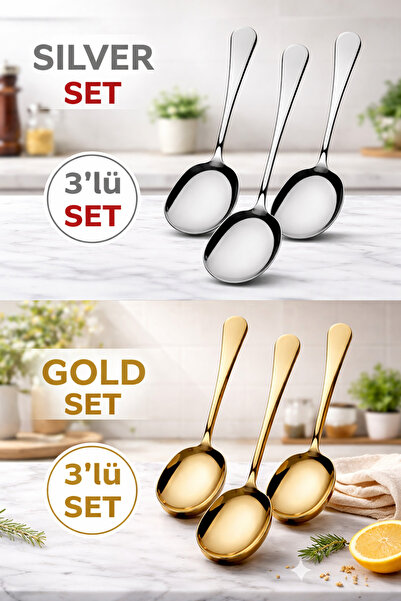 MİMOZA PARK 6 Adet Paslanmaz Çelik Lüx Servis Salata Kaşığı Spatula | Çelik Yemek Servis Kaşığı ( 3GOLD-3GÜMÜŞ )