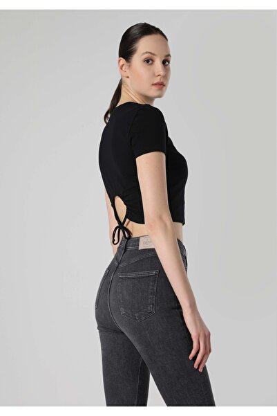 Colin's Tricou negru cu mânecă scurtă pentru femei, tricotat, cu gât rotund, ...