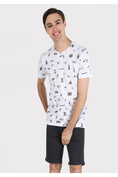 Colin's Tricou alb cu mânecă scurtă pentru bărbați, cu decolteu rotund, cu cr...