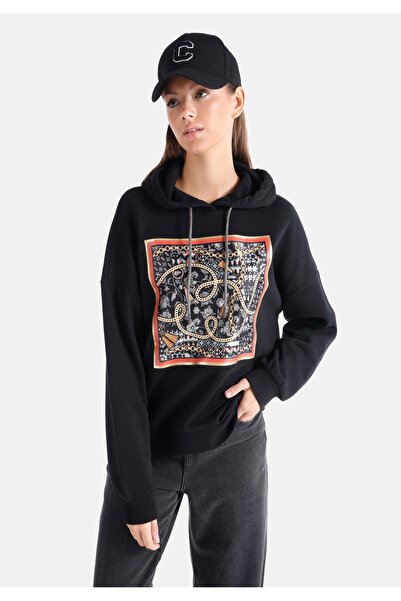Colin's Регулярний крій, з капюшоном, з принтом, жіночий чорний світшот