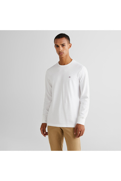 Gant Bărbați alb slim fit guler rotund cu mânecă lungă tricou