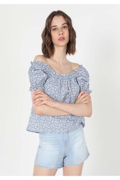 Colin's Floral Printed - Μπλε Γυναικείο Πουκάμισο με Λεπτομέρεια ώμου Cl 1058769