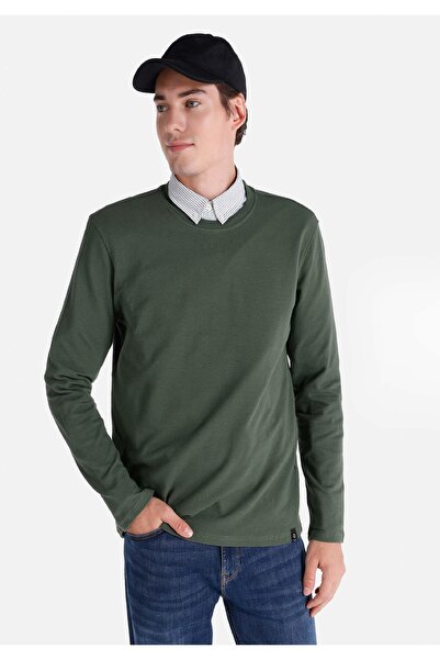 Colin's تي شيرت جاكار برقبة دائرية وقصة عادية للرجال باللون الأخضر وأكمام طويلة