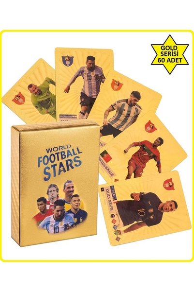 OYUNCAKSAHİLİ Football Player 60 Pieces Metallized Flexible Non-Breakable Card Gold 3D Size Gold Box Football Pvc Game Card Non-Deformable