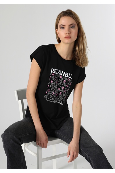 Colin's Tricou negru cu mânecă scurtă pentru femei, cu decolteu rotund, cu cr...