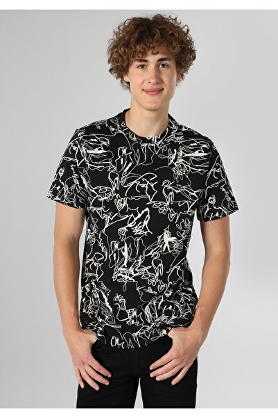 Colin's تي شيرت رجالي أسود قصير الأكمام مطبوع برقبة دائرية