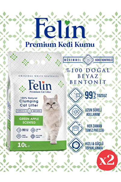 FELİN Yeşil Elma Kokulu Topaklanan Ince Taneli Kedi Kumu 10lx2