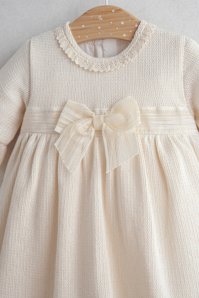Generic Brand Baby Girl Ruffled Sleeve Lace Collar Bow Dress 100% Cotton 6-36 Months Ecru