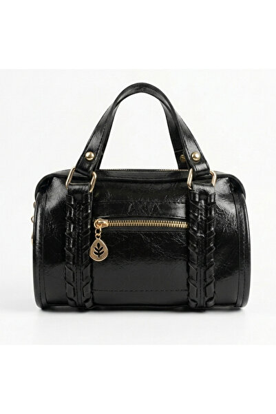 Melos Butik Γυναικεία Μαύρα Με πλεκτή λεπτομέρεια Δερμάτινο Μπόουλινγκ Τσάντα...