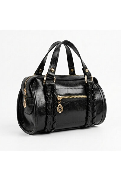 Melos Butik Kadın Siyah Örgü Detaylı Deri Bowling Çapraz Çanta