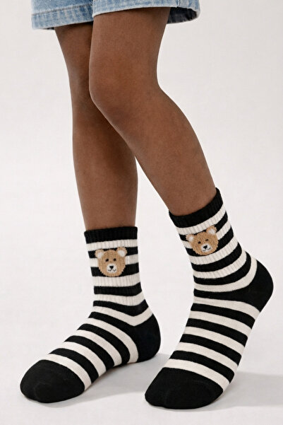 Katia&Bony Μαύρες ριγέ παιδικές κάλτσες με σχέδιο αρκουδάκι