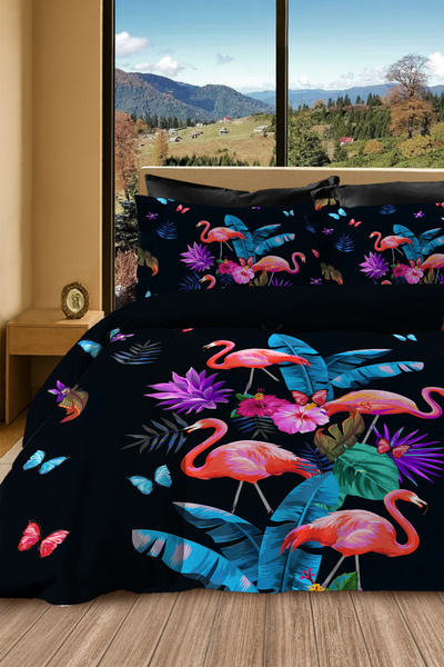 MonoHome Premium lenjerie de pat bumbac Satin pentru două persoane Flamingo D...