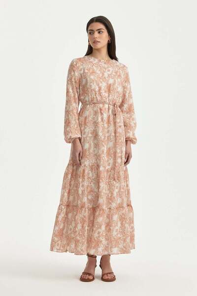 Nihan Büzgü Detaylı Desenli Lyocell Elbise Oranj