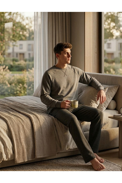 YHGTEKSTİL Σετ πιτζάμες με ραφές karyoka ανδρικό σετ πιτζάμες με 2 κλωστές