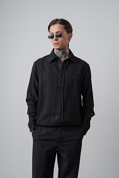 Respire Erkek Nakış Detaylı Uzun Kollu Müslin Oversize Gömlek Siyah