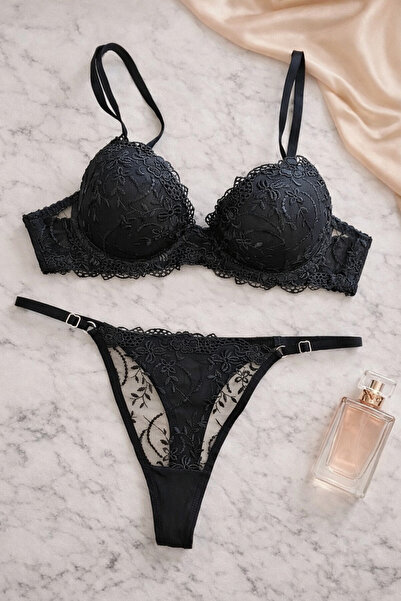 SİLVER MİRROR Set de chiloți sutien broderie căptușită cu dantelă neagră