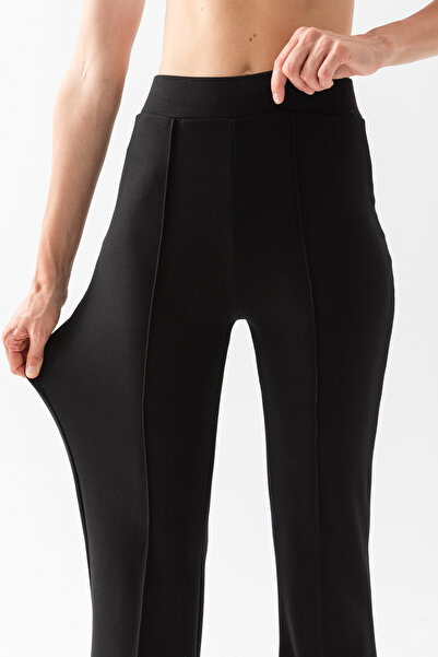 CNRCollection Kadın Siyah Yüksek Bel Toparlayıcı Esnek Önü Nervürlü Modal Kumaş İspanyol Paça Tayt Pantolon