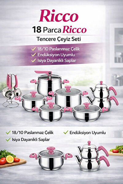 Remetta 18 Piece Steel Cookware Dowry Set Pressure Cooker Teapot Coffee Pot S...