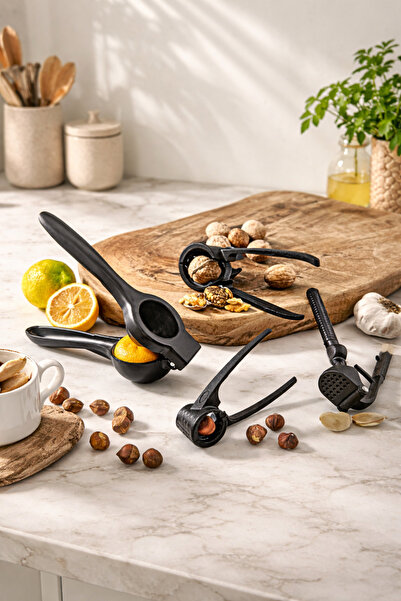 Anadolu Saray مجموعة من 4 قطع من عصارة الليمون المعدنية السوداء، ومطحنة الثوم...