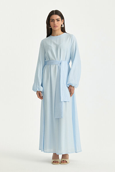 Nihan Balon Kollu Kuşaklı Viskon Elbise Açık Mavi