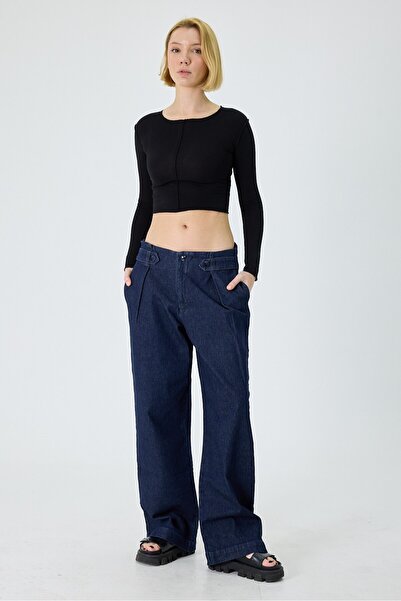 Women's Navy Blue Enzyme Wash Wide Leg Jean Trousers – High Waist Wide Leg Comfort Fit Low Lycra Long Denim