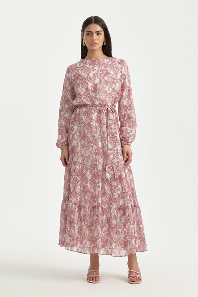 Nihan Büzgü Detaylı Desenli Lyocell Elbise Bordo