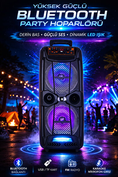 SOONBOX Mikrofonlu Bluetooth Hoparlör 8x2 Toplantı Parti Eğlence Led Işıklı Sd Kart Fm Usb Girişli Speaker