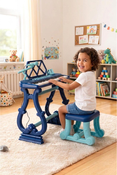 Tıfıl Toys Ayaklı Tabureli 49 Tuşlu Mikrofonlu Org Piyano Seti Lacivert