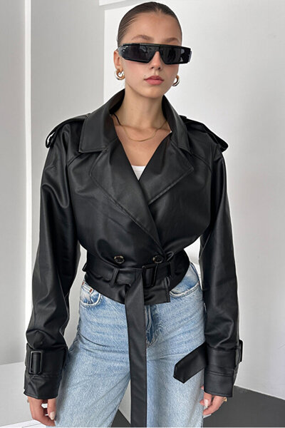 VESS MODA Γυναικείο δερμάτινο μπουφάν με λεπτομέρεια με ζώνη με γιακά σάλι, μ...