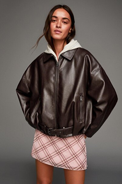 Bershka Kemerli suni deri bomber ceket