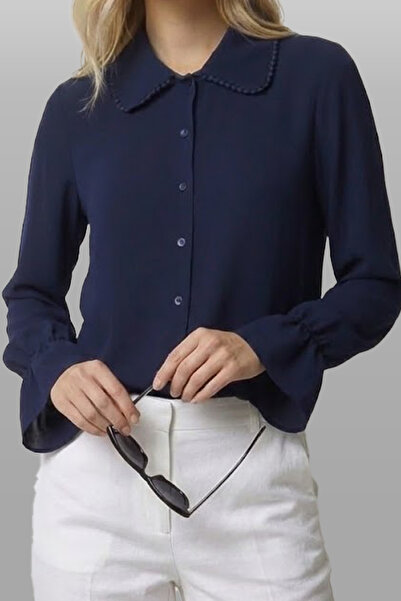 Fumel Γυναικείο πουκάμισο σε μπλε ναυτικό χρώμα με δαντέλα στα μανίκια Με σού...