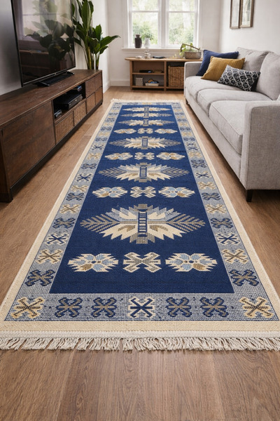 OEM Covor tradițional, țesut, față-verso, dimensiune 100 x 200 cm albastru și...