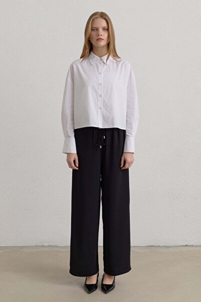Nihan Elastic Waist Wide-Leg Basic Trousers Black