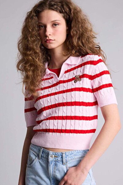 DeFacto Slim Fit Teddy Bear Print Striped Sweater H5924Ax26Sm