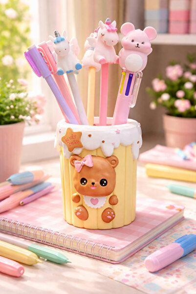 Giftpoint حامل أقلام أصفر على شكل دب مع قطعة واحدة من منظم سطح المكتب المزخرف...