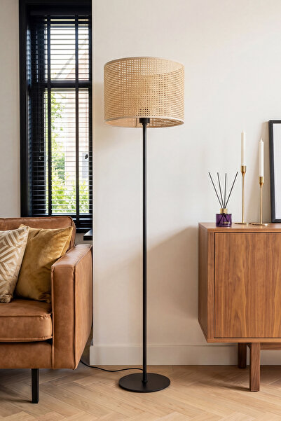 Marrien June Bohem Rattan Görünümlü Siyah Metal Ayaklı Lambader 145cm Dekorat...