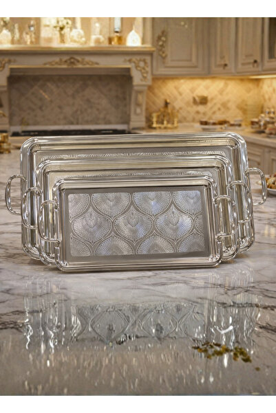 ALQANNAS طقم من 3 صواني فضية من الفولاذ المقاوم للصدأ | طقم صواني مستطيلة أني...