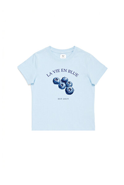 WHITE OF CREATIVE Kadın Blueberry Yaban Mersini Baskılı Baby Tee Crop Top