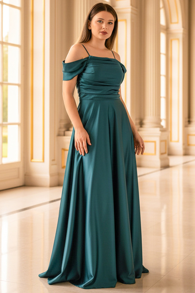 SUBU TASARIM Satin Evening Dress with Straps Petrol Tbs388