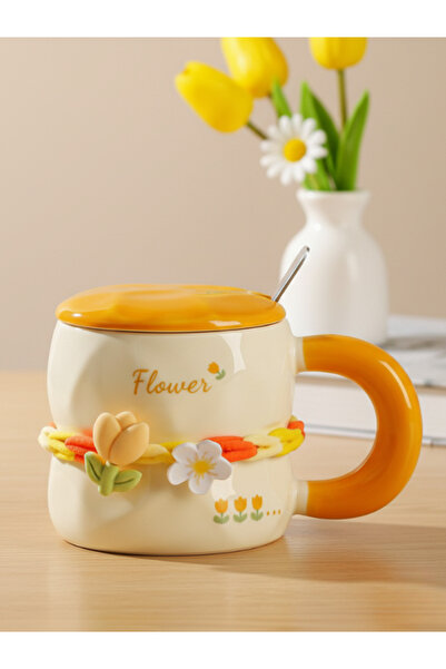 Dörtel Tedarik Sweet Floral Coffee Cup 380 ml Ceramic Mug with Lid and Spoon