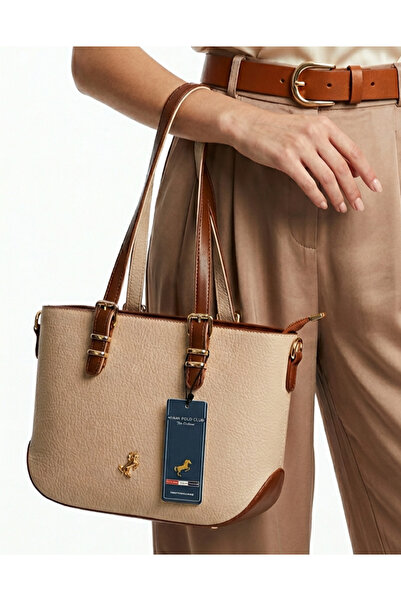 Çanta Trend حقيبة نسائية من ميامي بولو كلوب كريم تابا مع تفاصيل ذهبية وحزام ل...
