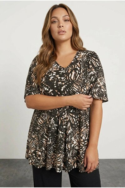 Stil Diva Bluza veće veličine sa V-izrezom, prednjim naborima, kratkim rukavi...