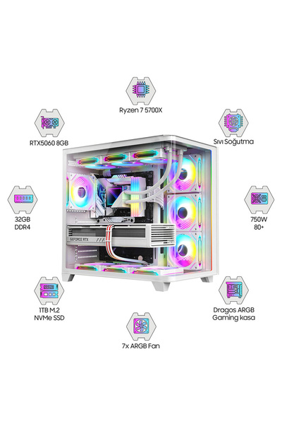 DRAGOS DRx7477 Ryzen 7 5700X 32GB Ram 1TB M2 NVMe SSD Gigabyte Windforce 8GB ...