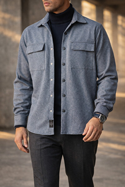 Souris سترة رياضية مريحة للرجال من إنديجو مع غطاء وجيوب مزدوجة وأزرار كبس