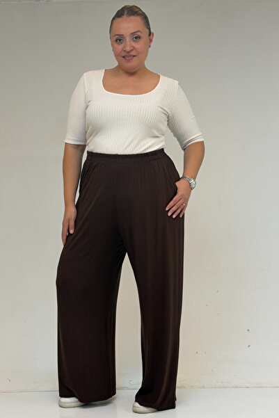 Eslina 39000 Büyük Beden Yüksek Beli Lastikli Penye Pantolon -Kahve
