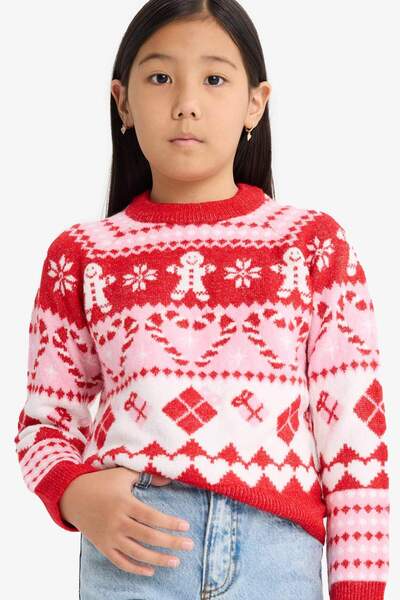 DeFacto Girl's Christmas-Themed Crew Neck Knitwear Sweater F5071A825Wn