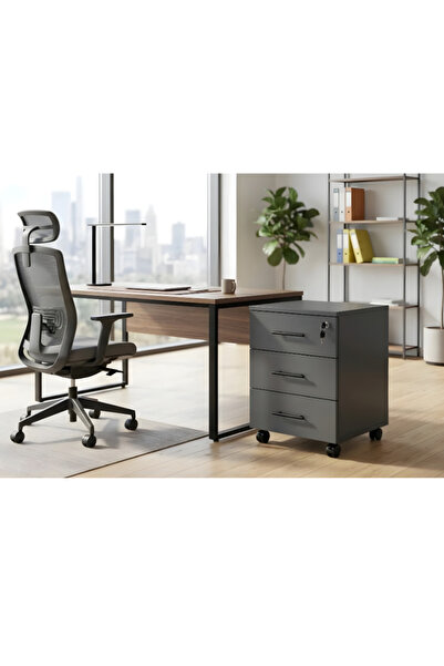 Sempre Keson Tekerlekli Ahşap, Merkez Kilitli Üç Çekmeceli ANTRASİT RENK