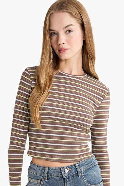 DeFacto Fitted Bisiklet Yaka Çizgili Ribana Uzun Kollu Tişört G5702AX25WN