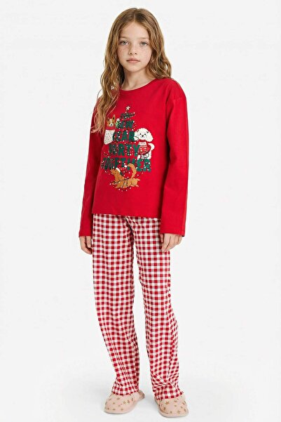 DeFacto طقم بيجامة بتصميم عيد الميلاد بأكمام طويلة وجزء سفلي طويل للفتيات G64...